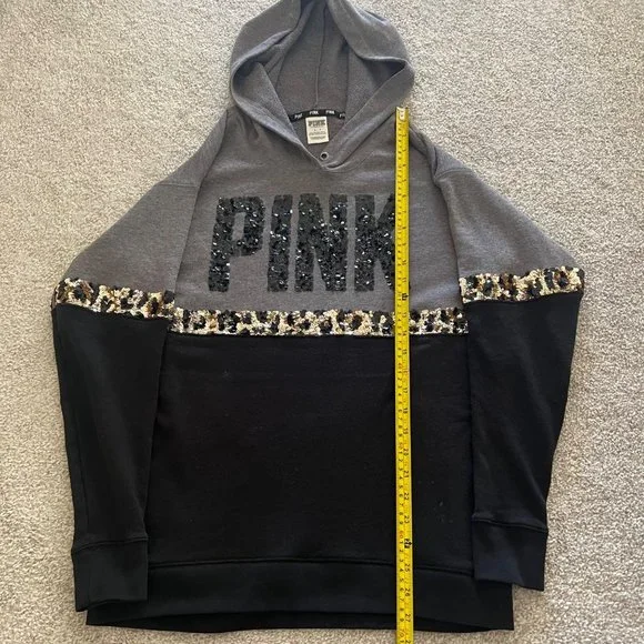 Rare VS Pink Y2K Sequined Cheetah Print Black & Gray Hoodie Small - Picture 7 of 9